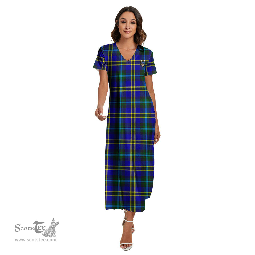 ScotsTee Shop Scottish Weir Modern Clan Crest Tartan Womens Fitted V-neck Side Slit Maxi Dress