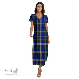ScotsTee Shop Scottish Weir Modern Clan Crest Tartan Womens Fitted V-neck Side Slit Maxi Dress