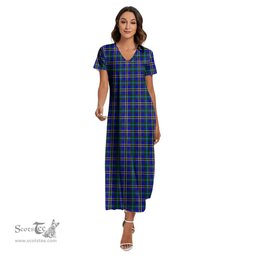 ScotsTee Shop Scottish Weir Modern Clan Tartan Womens Fitted V-neck Side Slit Maxi Dress
