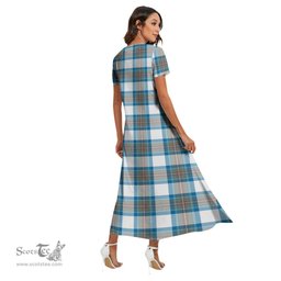 ScotsTee Shop Scottish Stewart Muted Blue Clan Crest Tartan Womens Fitted V-neck Side Slit Maxi Dress