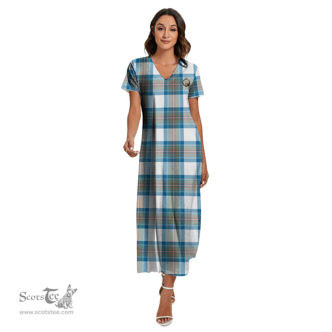 ScotsTee Shop Scottish Stewart Muted Blue Clan Crest Tartan Womens Fitted V-neck Side Slit Maxi Dress