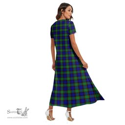 ScotsTee Shop Scottish Sempill Modern Clan Tartan Womens Fitted V-neck Side Slit Maxi Dress