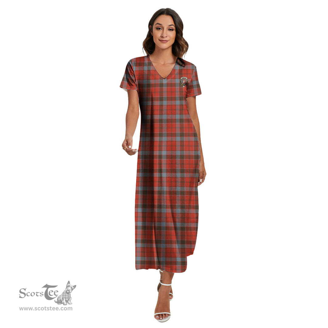 ScotsTee Shop Scottish Robertson Weathered Clan Crest Tartan Womens Fitted V-neck Side Slit Maxi Dress