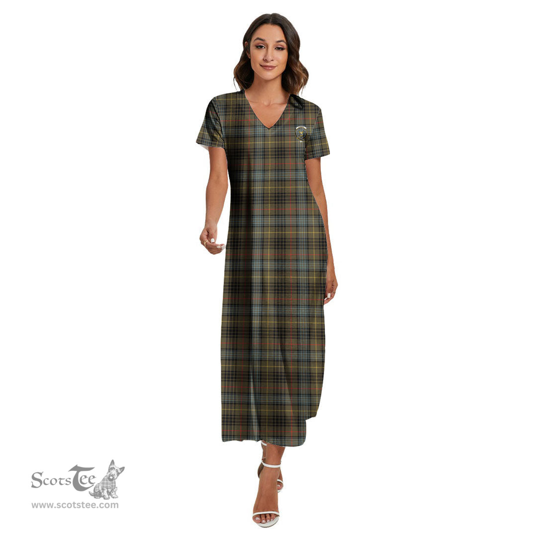 ScotsTee Shop Scottish Stewart Hunting Weathered Clan Crest Tartan Womens Fitted V-neck Side Slit Maxi Dress