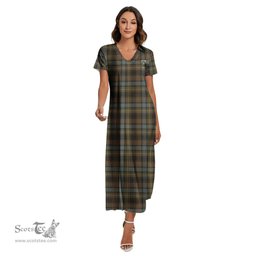 ScotsTee Shop Scottish Stewart Hunting Weathered Clan Crest Tartan Womens Fitted V-neck Side Slit Maxi Dress