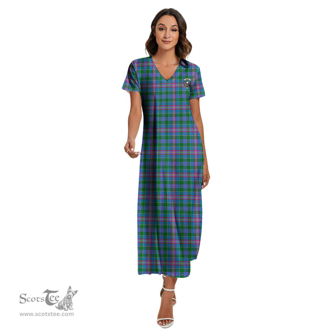 ScotsTee Shop Scottish Pitcairn Hunting Clan Crest Tartan Womens Fitted V-neck Side Slit Maxi Dress