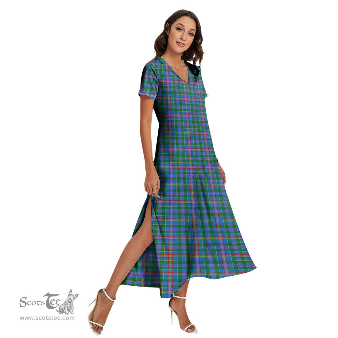 ScotsTee Shop Scottish Pitcairn Hunting Clan Tartan Womens Fitted V-neck Side Slit Maxi Dress