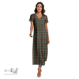 ScotsTee Shop Scottish Thomson Hunting Modern Clan Tartan Womens Fitted V-neck Side Slit Maxi Dress