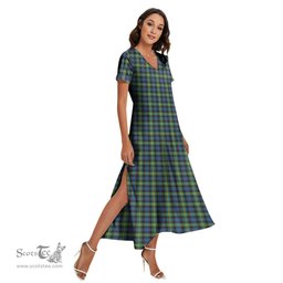 ScotsTee Shop Scottish Watson Ancient Clan Tartan Womens Fitted V-neck Side Slit Maxi Dress