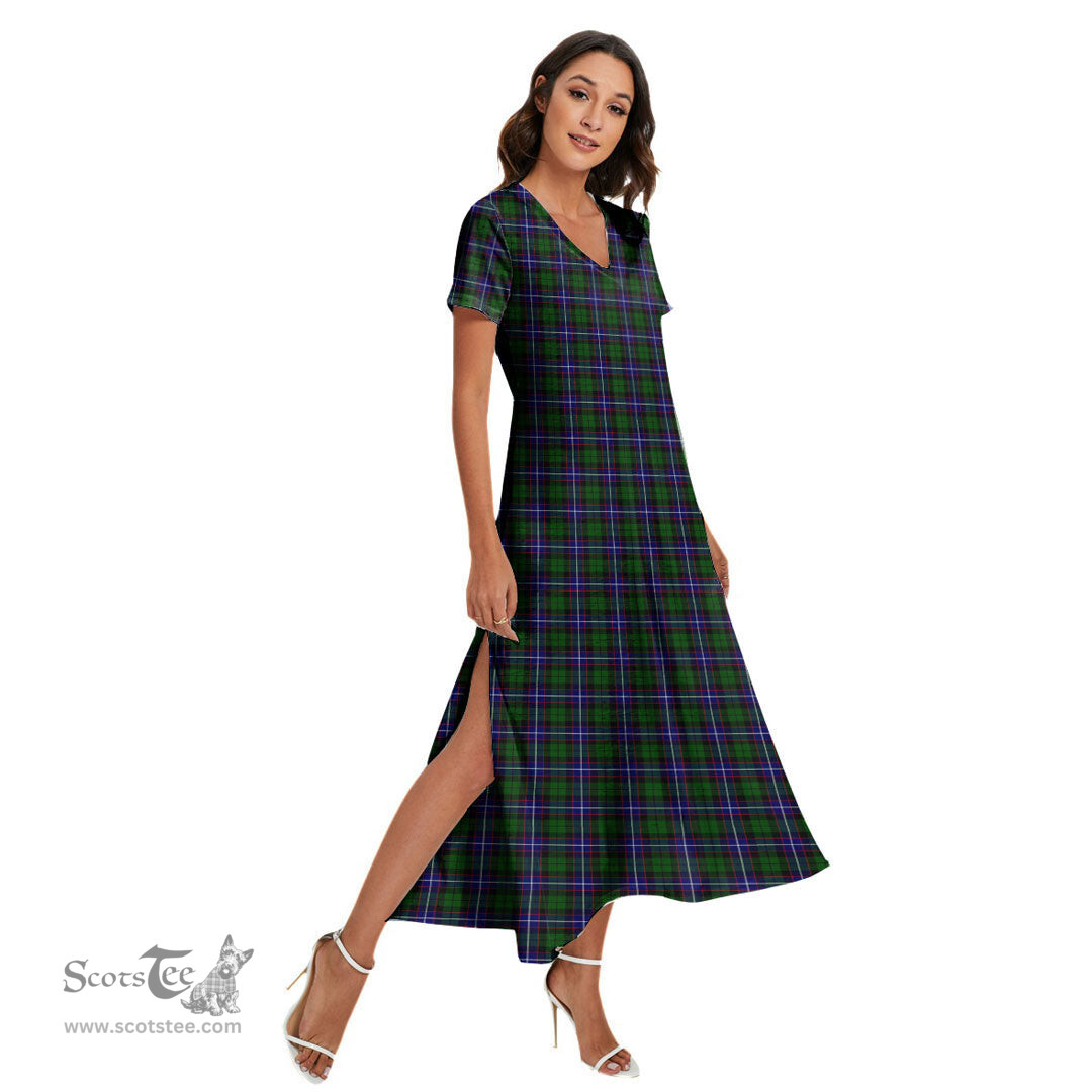 ScotsTee Shop Scottish Russell Modern Clan Tartan Womens Fitted V-neck Side Slit Maxi Dress