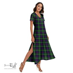 ScotsTee Shop Scottish Sutherland Modern Clan Tartan Womens Fitted V-neck Side Slit Maxi Dress