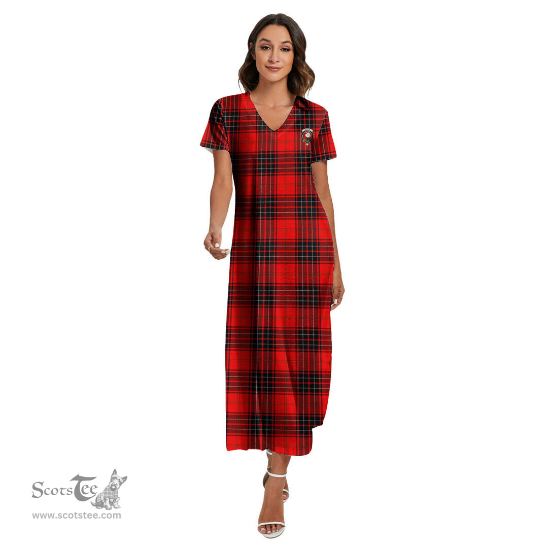 ScotsTee Shop Scottish Wemyss Modern Clan Crest Tartan Womens Fitted V-neck Side Slit Maxi Dress