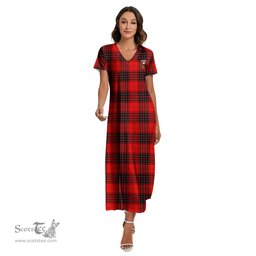 ScotsTee Shop Scottish Wemyss Modern Clan Crest Tartan Womens Fitted V-neck Side Slit Maxi Dress
