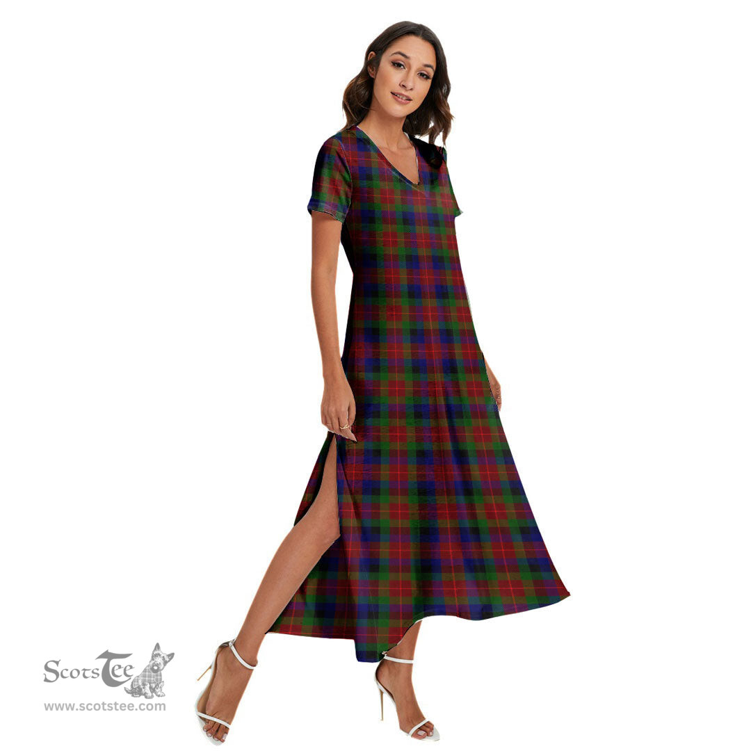ScotsTee Shop Scottish Tennant Clan Tartan Womens Fitted V-neck Side Slit Maxi Dress
