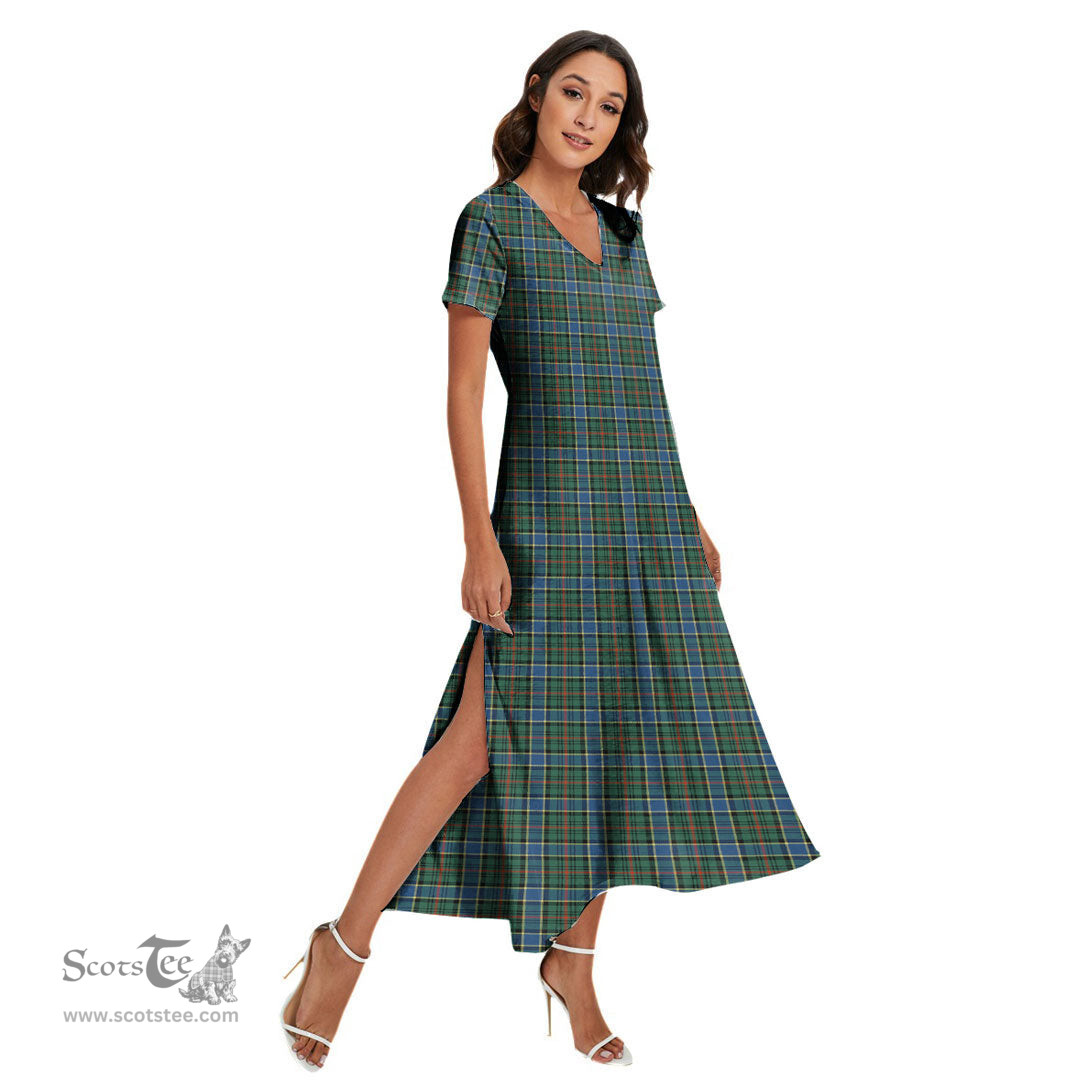 ScotsTee Shop Scottish Ogilvie Hunting Ancient Clan Tartan Womens Fitted V-neck Side Slit Maxi Dress
