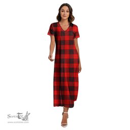 ScotsTee Shop Scottish Wemyss Modern Clan Tartan Womens Fitted V-neck Side Slit Maxi Dress