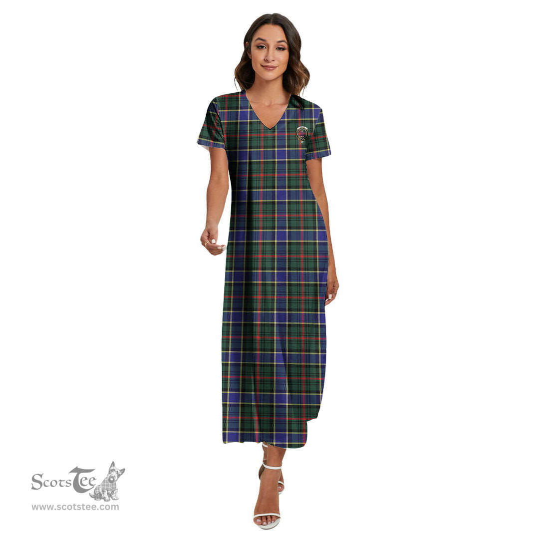 ScotsTee Shop Scottish Ogilvie Hunting Modern Clan Crest Tartan Womens Fitted V-neck Side Slit Maxi Dress