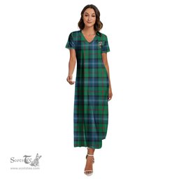 ScotsTee Shop Scottish Urquhart Ancient Clan Crest Tartan Womens Fitted V-neck Side Slit Maxi Dress
