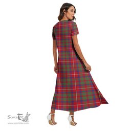 ScotsTee Shop Scottish Shaw Red Modern Clan Crest Tartan Womens Fitted V-neck Side Slit Maxi Dress