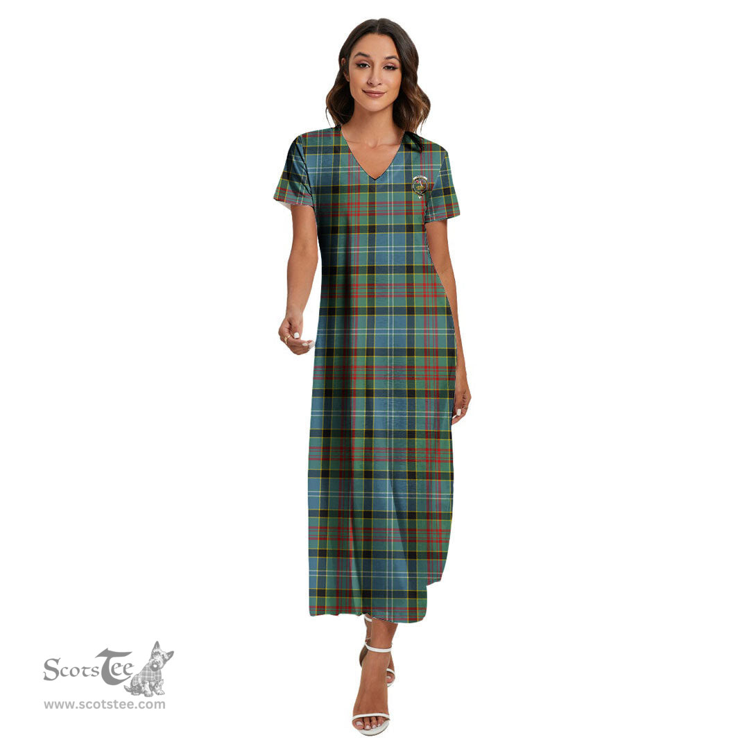 ScotsTee Shop Scottish Paisley District Clan Crest Tartan Womens Fitted V-neck Side Slit Maxi Dress