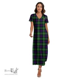 ScotsTee Shop Scottish Sutherland Modern Clan Crest Tartan Womens Fitted V-neck Side Slit Maxi Dress