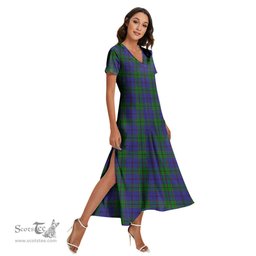 ScotsTee Shop Scottish Strachan Clan Tartan Womens Fitted V-neck Side Slit Maxi Dress