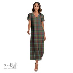 ScotsTee Shop Scottish Shaw Green Modern Clan Tartan Womens Fitted V-neck Side Slit Maxi Dress