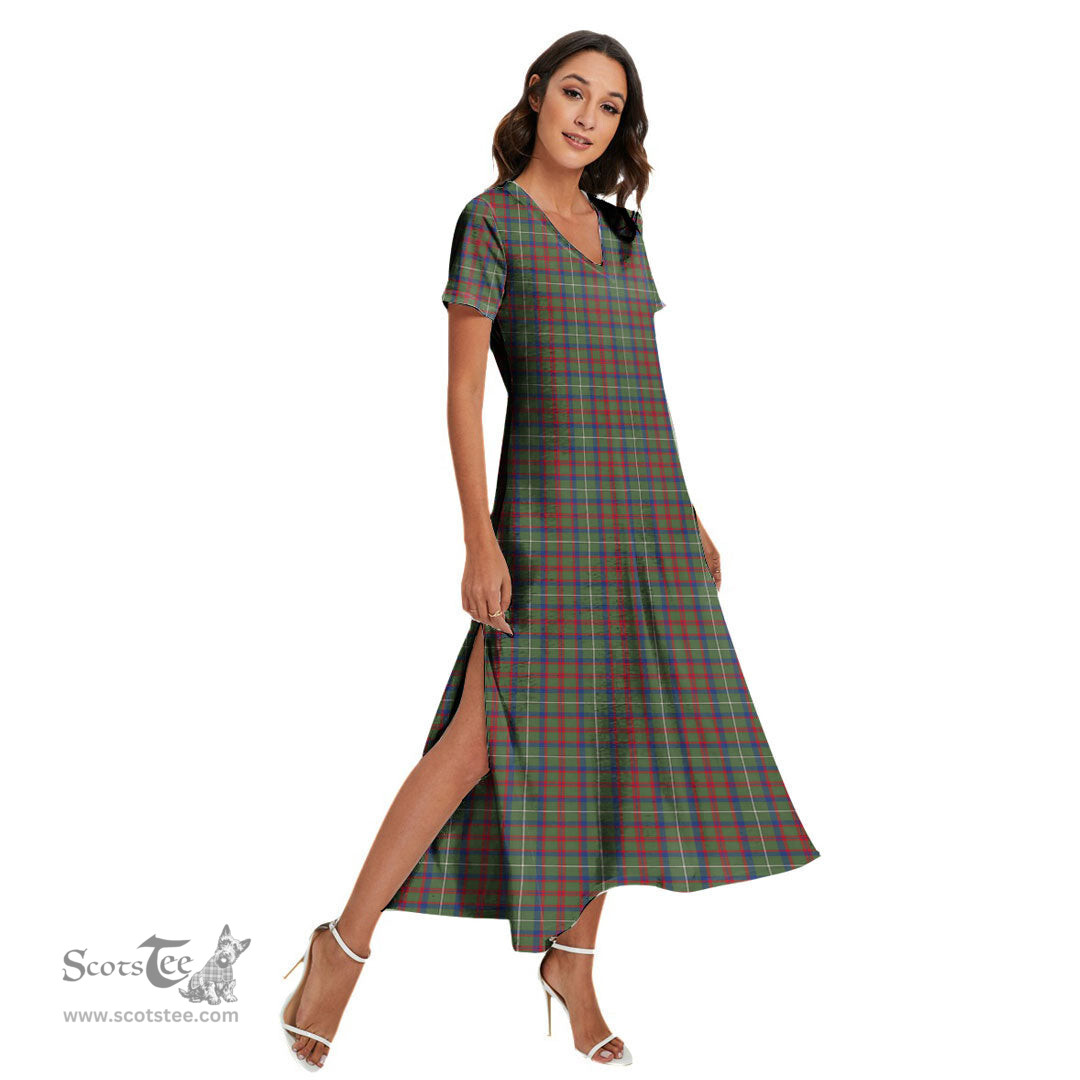 ScotsTee Shop Scottish Shaw Green Modern Clan Tartan Womens Fitted V-neck Side Slit Maxi Dress