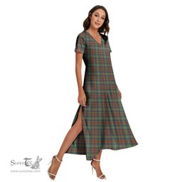 ScotsTee Shop Scottish Shaw Green Modern Clan Tartan Womens Fitted V-neck Side Slit Maxi Dress