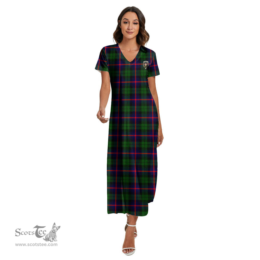 ScotsTee Shop Scottish Urquhart Modern Clan Crest Tartan Womens Fitted V-neck Side Slit Maxi Dress