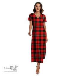 ScotsTee Shop Scottish Wallace Hunting Red Clan Tartan Womens Fitted V-neck Side Slit Maxi Dress