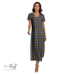 ScotsTee Shop Scottish Stirling Bannockburn District Clan Tartan Womens Fitted V-neck Side Slit Maxi Dress