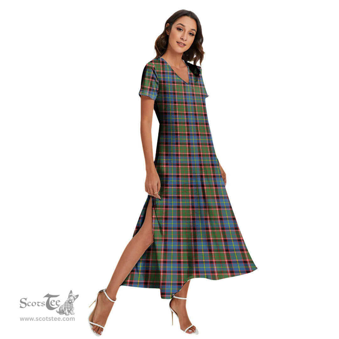 ScotsTee Shop Scottish Stirling Bannockburn District Clan Tartan Womens Fitted V-neck Side Slit Maxi Dress