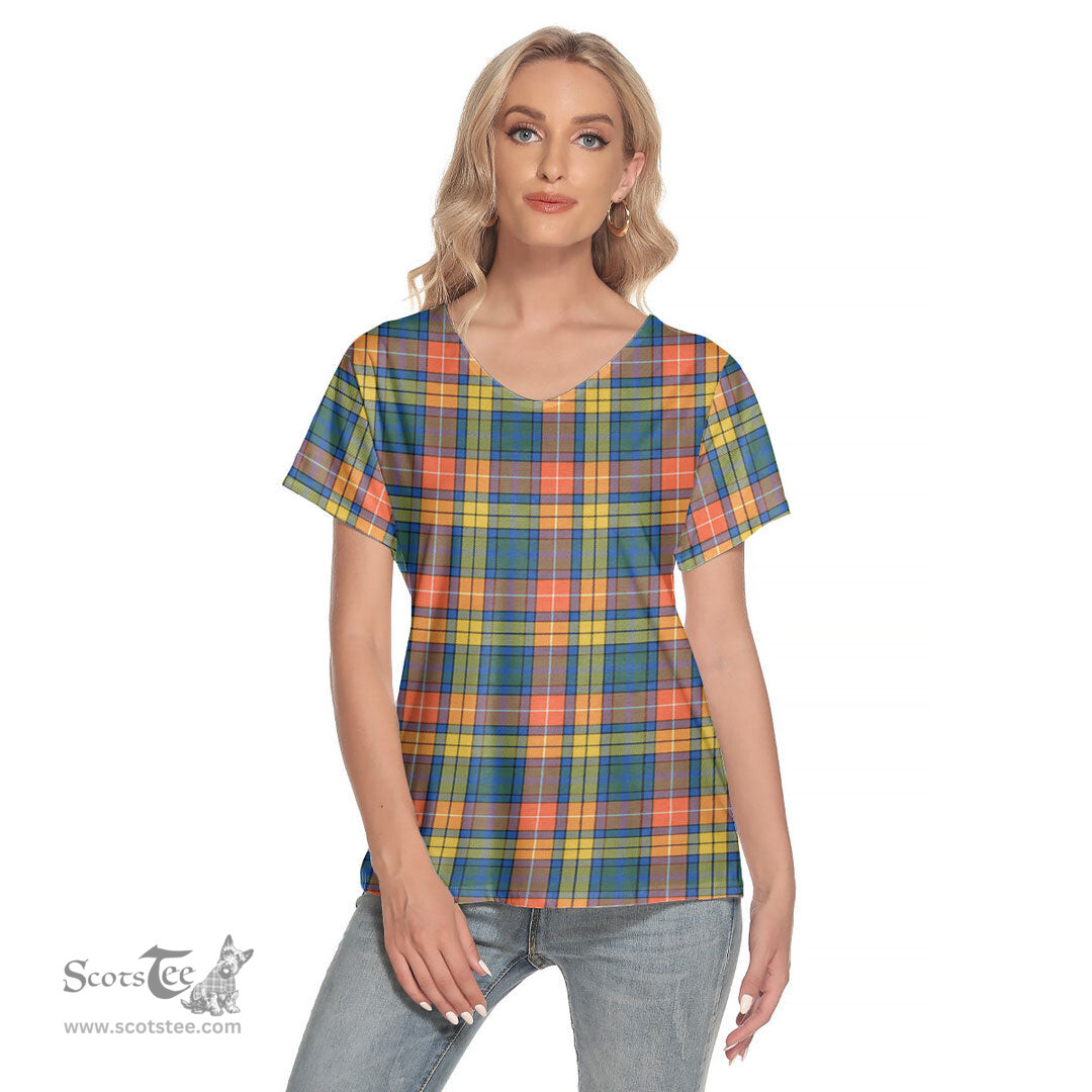 ScotsTee Shop Scottish Buchanan Ancient Clan Tartan Womens V Neck T Shirt