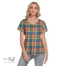 ScotsTee Shop Scottish Buchanan Ancient Clan Tartan Womens V Neck T Shirt