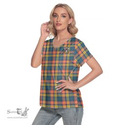 ScotsTee Shop Scottish Buchanan Ancient Clan Crest Tartan Womens V Neck T Shirt