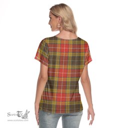 ScotsTee Shop Scottish Buchanan Old Set Weathered Clan Crest Tartan Womens V Neck T Shirt