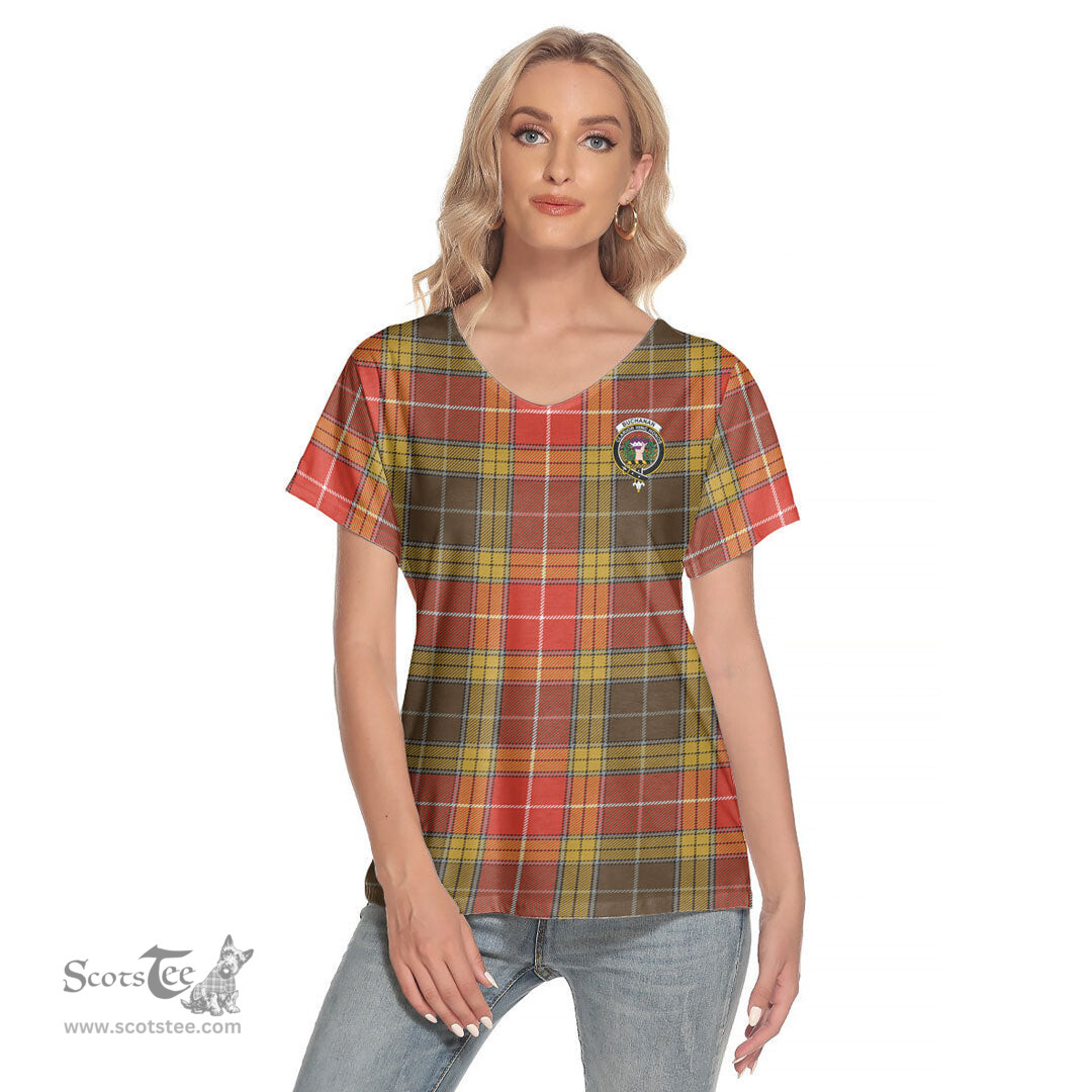 ScotsTee Shop Scottish Buchanan Old Set Weathered Clan Crest Tartan Womens V Neck T Shirt
