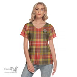 ScotsTee Shop Scottish Buchanan Old Set Weathered Clan Crest Tartan Womens V Neck T Shirt