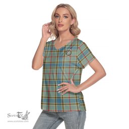 ScotsTee Shop Scottish Balfour Blue Clan Crest Tartan Womens V Neck T Shirt