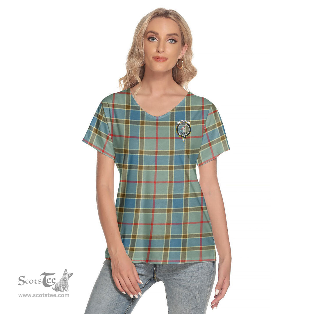 ScotsTee Shop Scottish Balfour Blue Clan Crest Tartan Womens V Neck T Shirt
