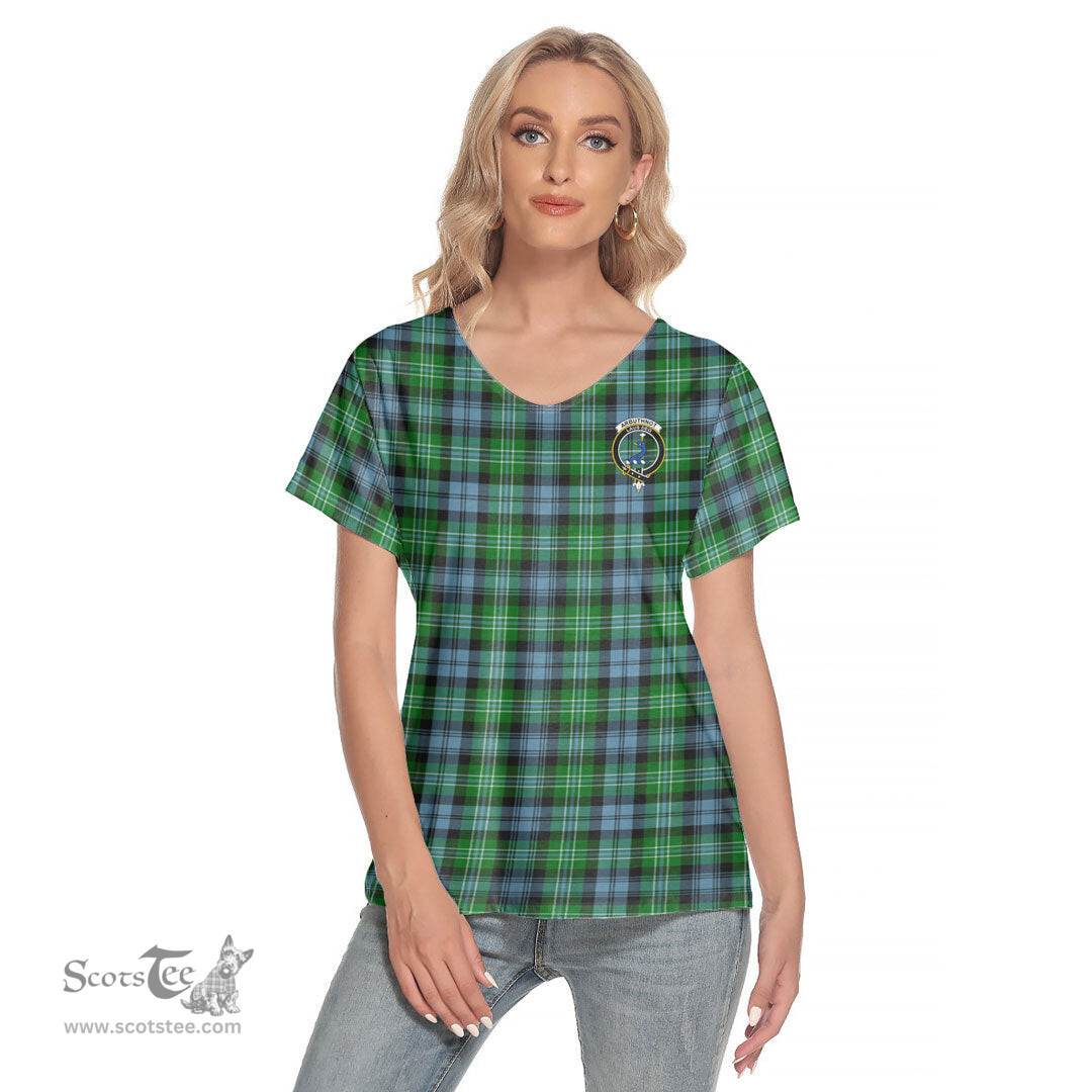 ScotsTee Shop Scottish Arbuthnot Ancient Clan Crest Tartan Womens V Neck T Shirt