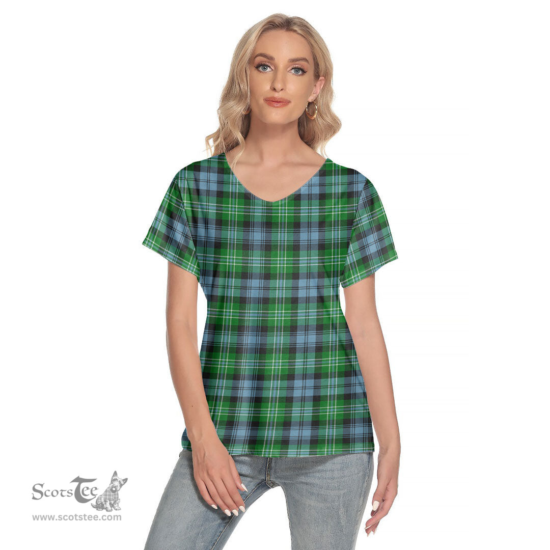 ScotsTee Shop Scottish Arbuthnot Ancient Clan Tartan Womens V Neck T Shirt