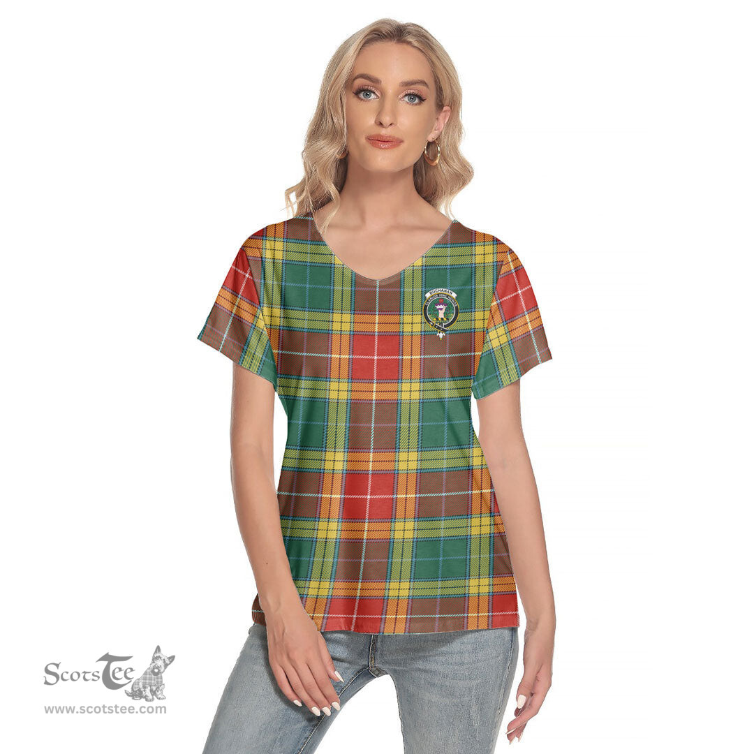 ScotsTee Shop Scottish Buchanan Old Sett Clan Crest Tartan Womens V Neck T Shirt