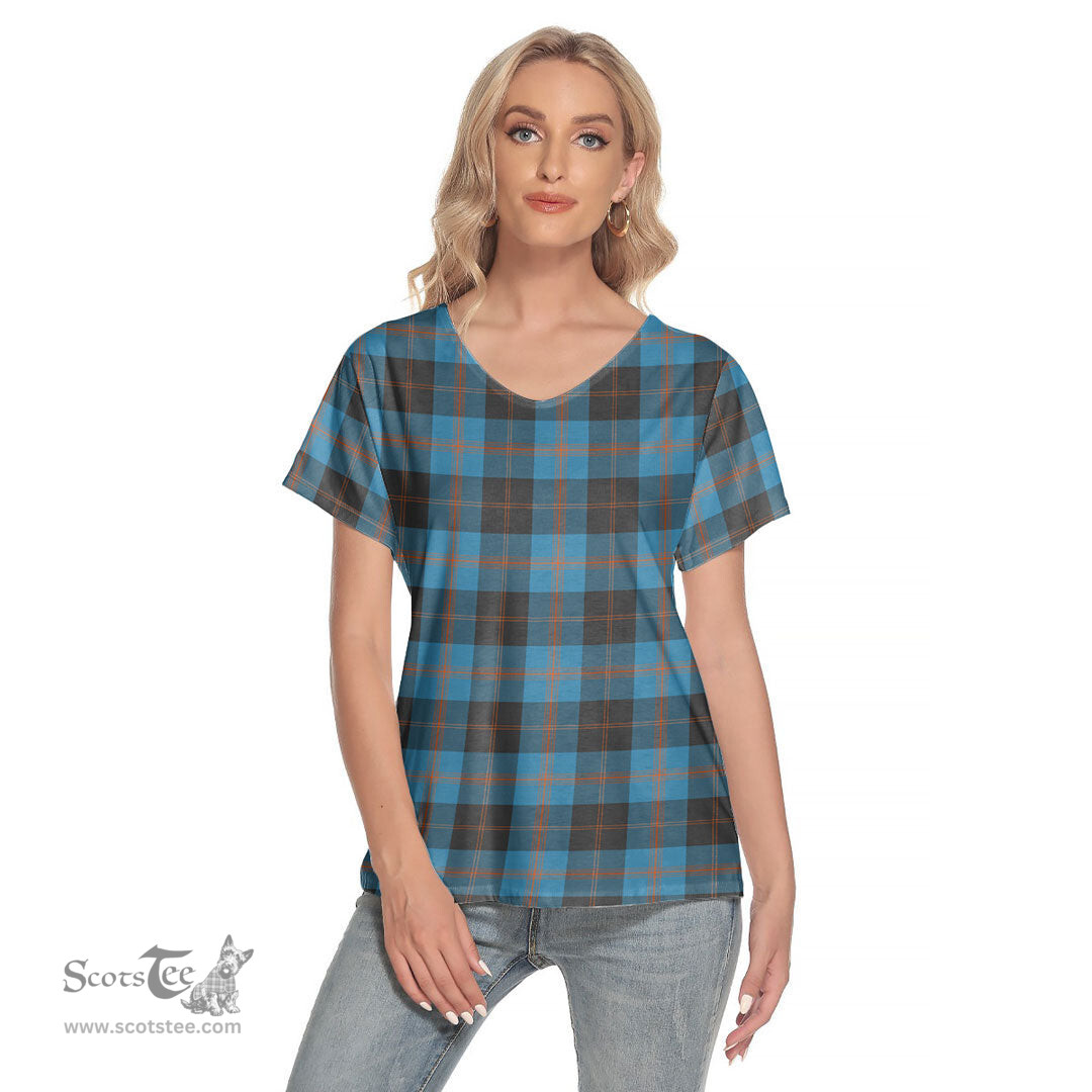 ScotsTee Shop Scottish Angus Ancient Clan Tartan Womens V Neck T Shirt