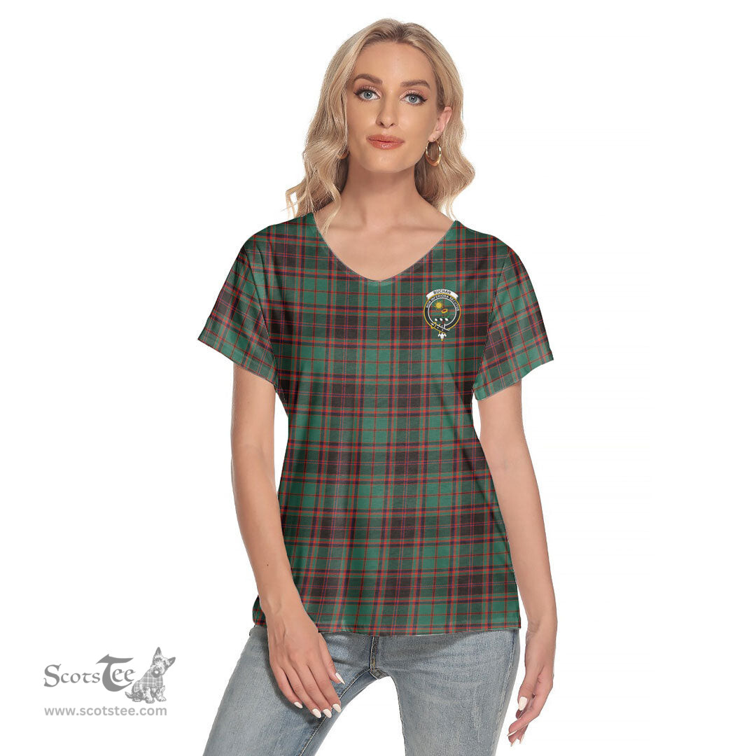 ScotsTee Shop Scottish Buchan Ancient Clan Crest Tartan Womens V Neck T Shirt