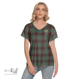 ScotsTee Shop Scottish Buchan Ancient Clan Crest Tartan Womens V Neck T Shirt