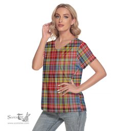 ScotsTee Shop Scottish Drummond of Strathallan Clan Tartan Womens V Neck T Shirt