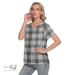 ScotsTee Shop Scottish Douglas Grey Modern Clan Tartan Womens V Neck T Shirt