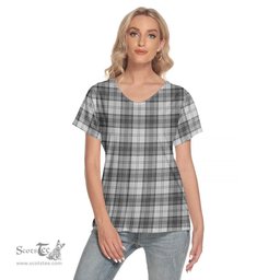 ScotsTee Shop Scottish Douglas Grey Modern Clan Tartan Womens V Neck T Shirt